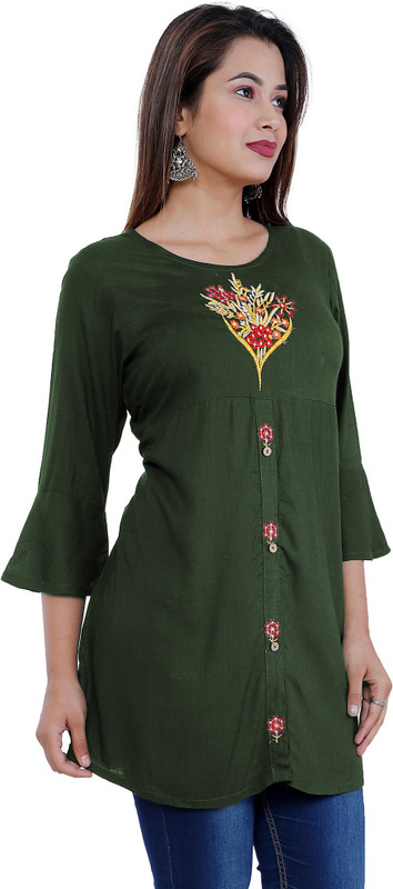 hkf Casual Embroidered Women Kurti(Dark Green)