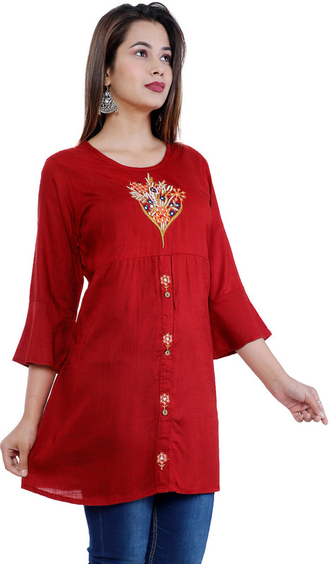 hkf Casual Embroidered Women Kurti(Maroon)