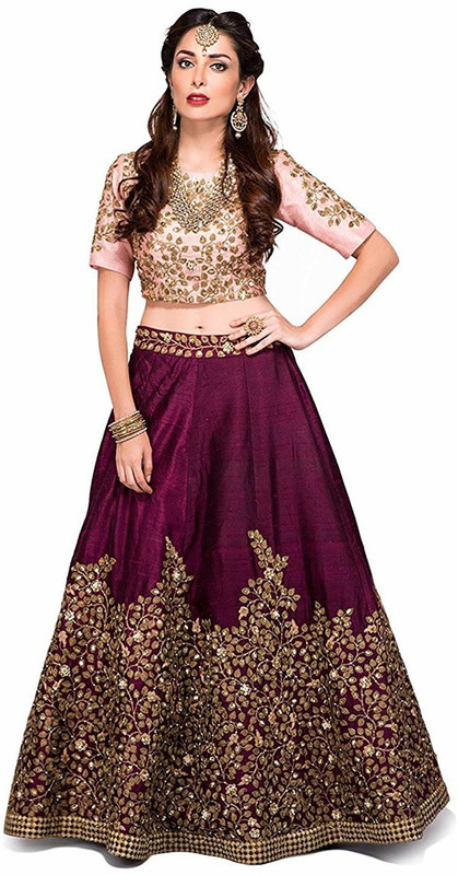 wholesale wear Embroidered Semi Stitched Lehenga, Choli and Dupatta Set(Purple)