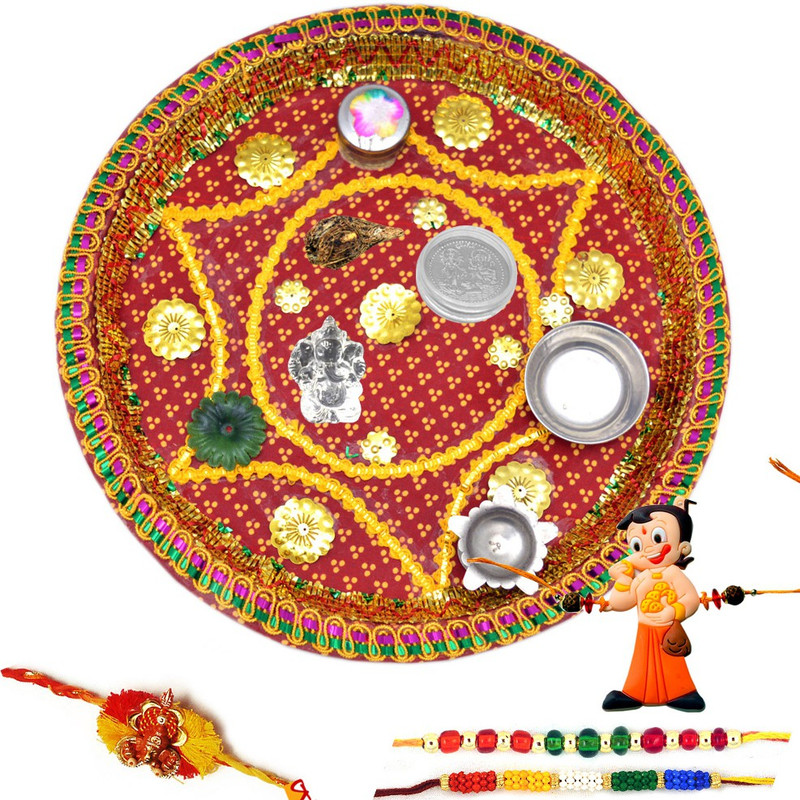 savicent Religious Thali, Rakhi  Set(1 x Bandhani Thali::1 Silver plated coin::4 Rakhi(Including one kidz rakhi)::1 x Pack of Kumkum and Rice::1 bowl to keep prasad::1 Panchmukhi Diya::1 Ganpati Keychain)