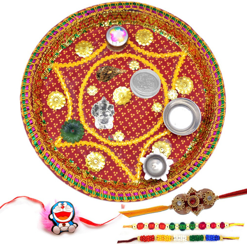 savicent Religious Thali  Set(1 x Bandhani Thali::1 Silver plated coin::4 Rakhi(Including one kidz rakhi)::1 x Pack of Kumkum and Rice::1 bowl to keep prasad::1 Panchmukhi Diya::1 Ganpati Keychain)