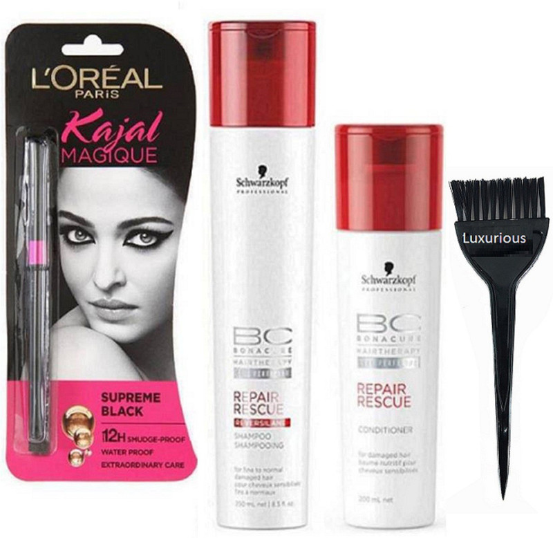 luxurious Hair Brush& Repair Rescue Reversilane Shampoo+Conditioner+loreal Kajal Magique Kajal (Set of 1)(4 Items in the set)