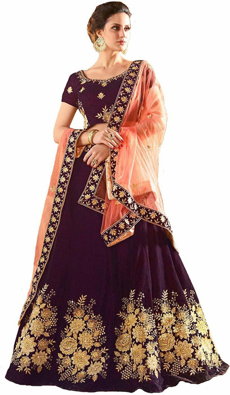 nitya fashion Embroidered Semi Stitched Lehenga, Choli and Dupatta Set(Purple)
