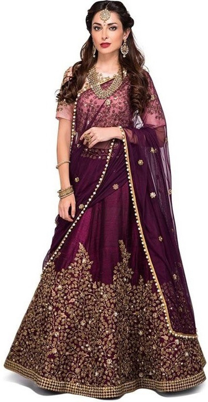 om sai art Embroidered Semi Stitched Lehenga, Choli and Dupatta Set(Purple)