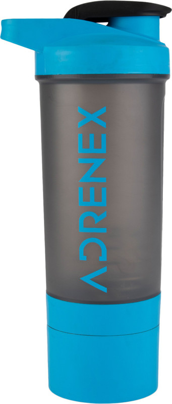 Adrenex BPA Free Gym Bottle with Single Supplement Storage Compartment and Mixer Ball 700 ml Plastic Shaker(Pack of 1, Blue, Grey)