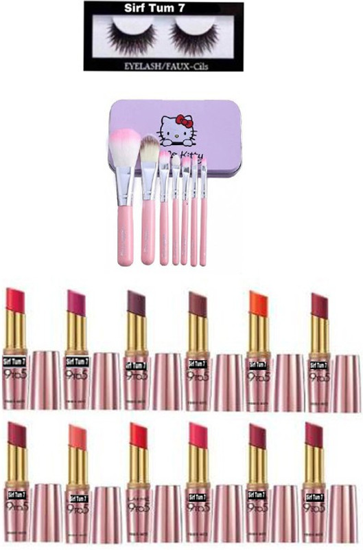 sirf tum 7 combo 12 pcs matte lipstick ,pink brush 7 pcs, eyelash set 20(Set of 1)
