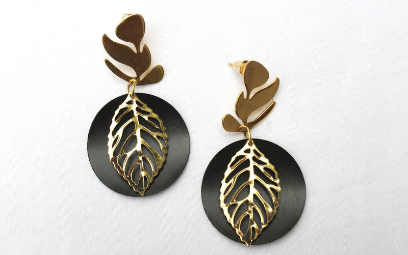 craft kona Black & Gold - Toned Circular Laser Cut Leaf Drop Earrings Plastic, Metal Drops & Danglers