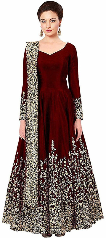 dharmee Poly Silk Embroidered Gown/Anarkali Kurta & Bottom Material(Semi Stitched)