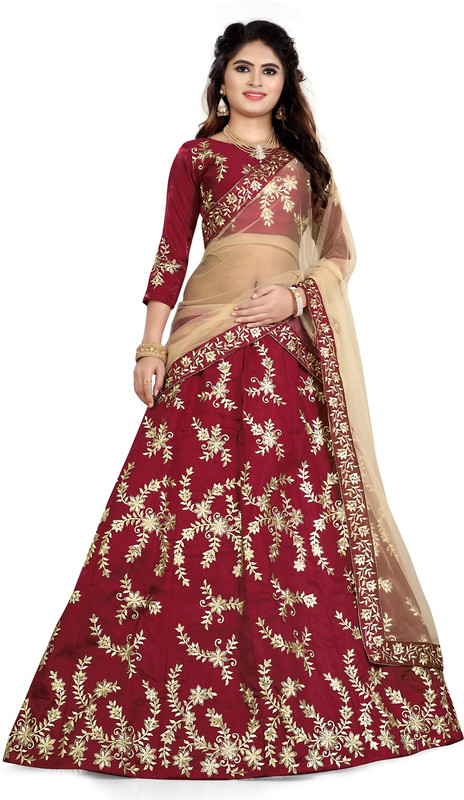 kanabar Solid Semi Stitched Lehenga, Choli and Dupatta Set(Red)