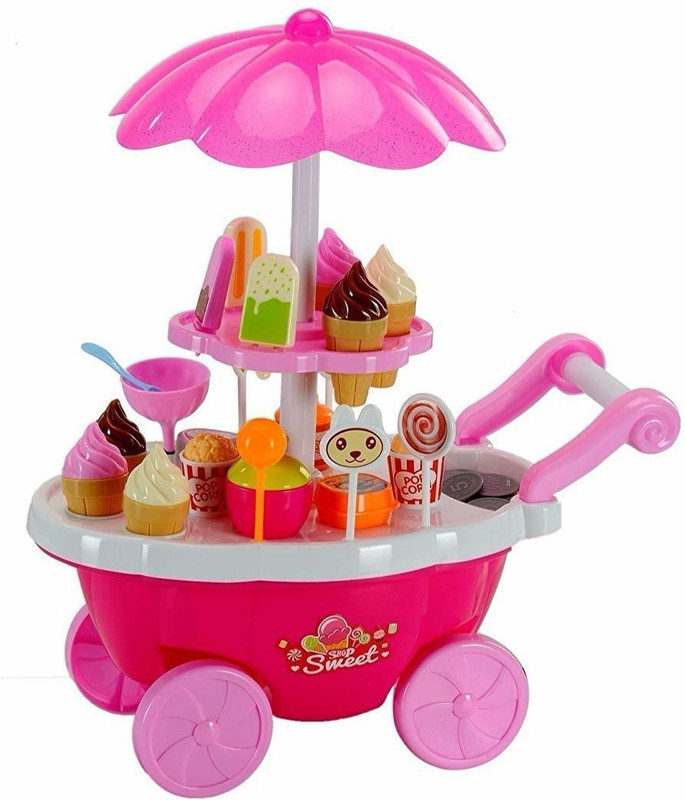 himanshu tex Luxury Ice Cream Kitchen Play Cart Kitchen Set Toy with Lights and Music, Small sweet shop for kids(39 pcs)