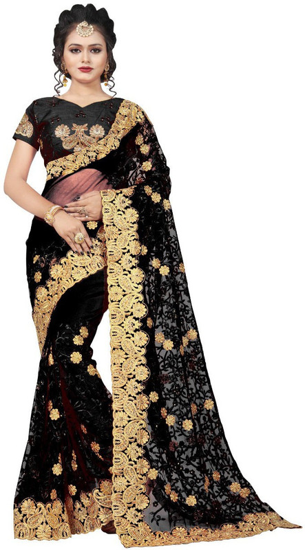 nine sister Embroidered Bollywood Net Saree(Black)