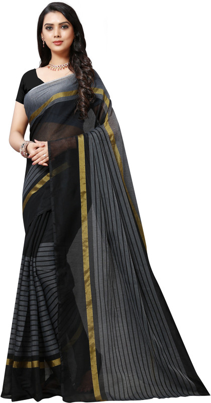 sarngin boutique Striped Guntur Polycotton Saree(Black)