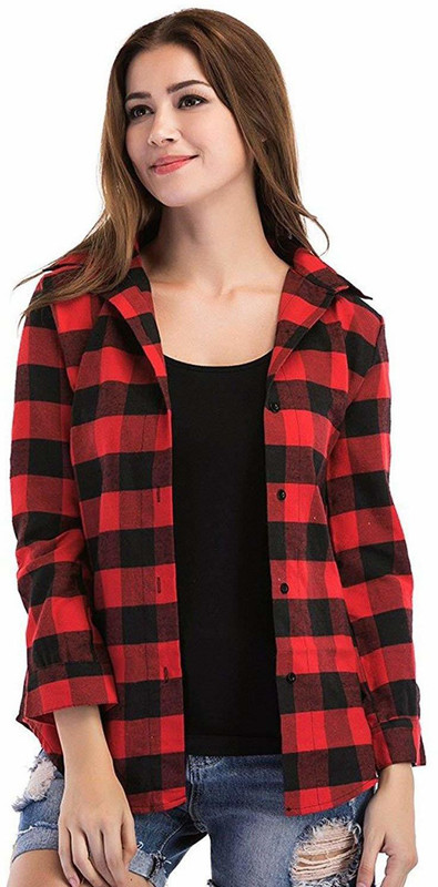 kanzul Women Checkered Casual Black, Red Shirt