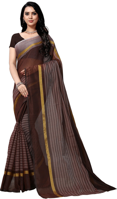 sarngin boutique Striped Guntur Polycotton Saree(Brown)