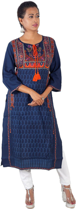 mittoo Women Printed Straight Kurta(Dark Blue)