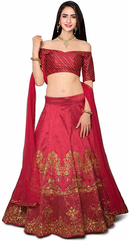 nv patel Embroidered Semi Stitched Lehenga, Choli and Dupatta Set(Red)