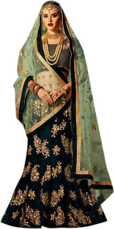 pd fashion Embroidered Semi Stitched Lehenga, Choli and Dupatta Set(Dark Green, Light Green)