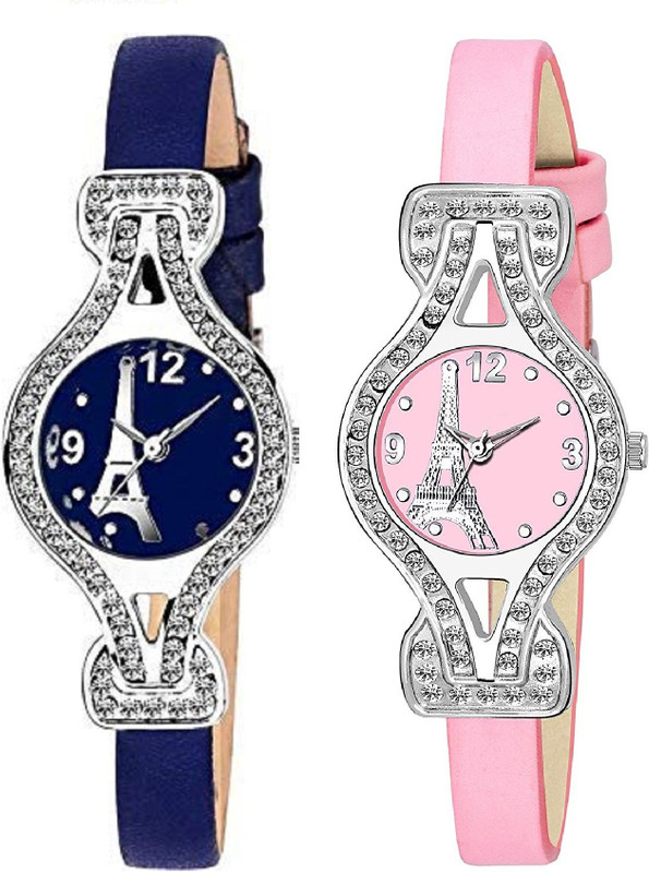 flytech Blue & Pink Paris Leather Strap Stylish Watch Combo Analog Watch  - For Women