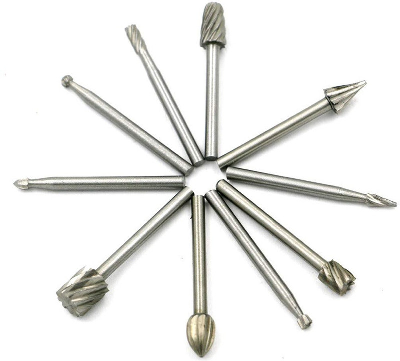 uptodateprouducts hs-10 10 Pcs/Set Durable Use High Speed Steel Rotating Grinding Cut Burrs Woodworking Embossed Engraving Heads Tool Rotary Bit Set(10 Bits)