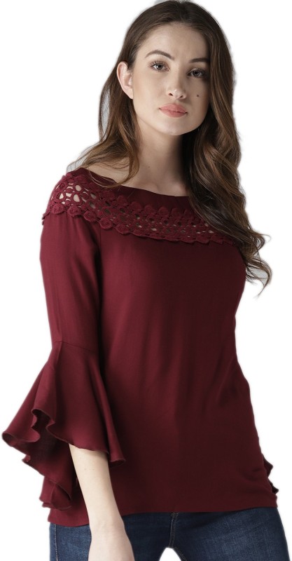 Style Quotient Casual Bell Sleeve Solid Women Maroon Top