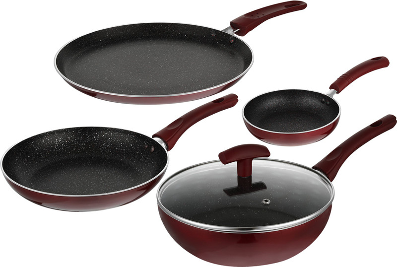 BERGNER Bergner Amarone 5 Pcs Cookware Set (Wok-24 Cm, Frypan-24 Cm, Tawa-25 Cm, Mini Pan-14 Cm) Induction Bottom Non-Stick Coated Cookware Set(Aluminium, 5 - Piece)