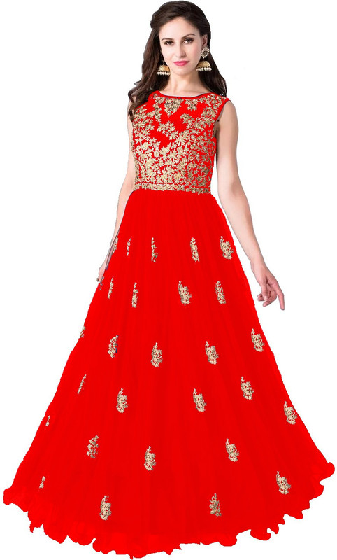 color bucket Net Embroidered Gown/Anarkali Kurta & Bottom Material(Semi Stitched)