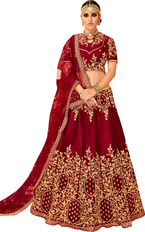 om sai art Embroidered Semi Stitched Lehenga, Choli and Dupatta Set(Red)