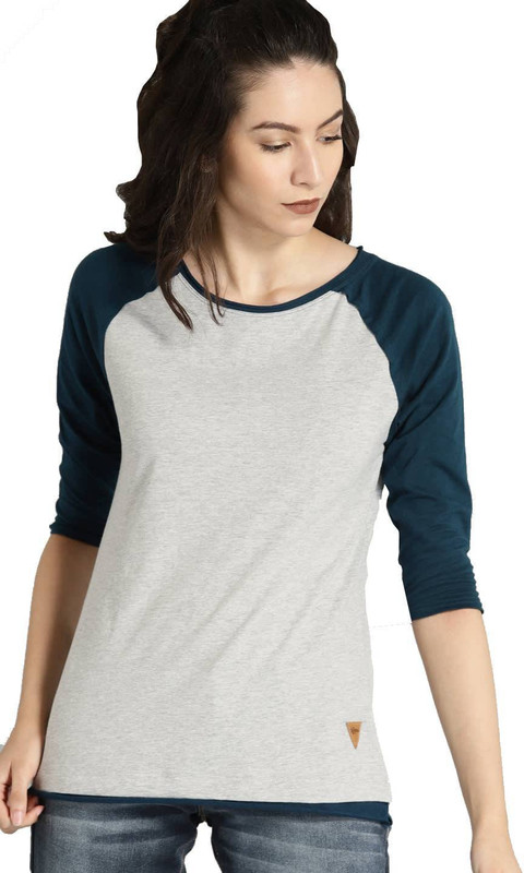 dolphin divine Color Block Women Round Neck Grey, Blue T-Shirt