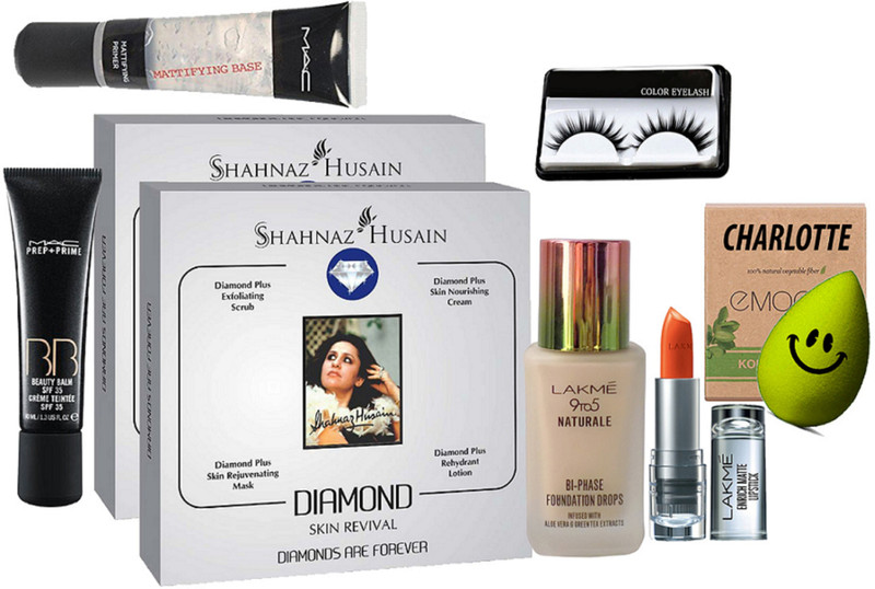 charlotte Spongy puff, diamond facial kit (pack of 2), bb cream, face primer, 9to5 naturale foundation, enrich matte lipstick, eyelashes(8 Items in the set)