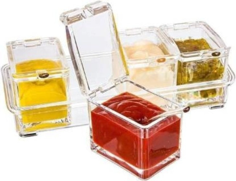 balam traders Kitchen Masala Storage containers Spice Box for Kitchen Crystal Seasoning Acrylic Box Pepper Salt Spice Rack Plastic 4 Box with Spoons Kitchen 1 Piece Condiment Set(Crystal)
