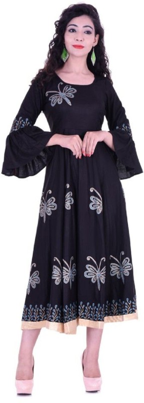 Misslyn Casual Embroidered Women Kurti(Black)