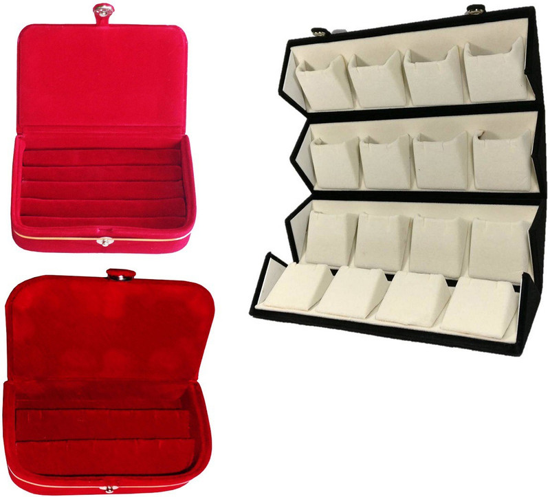 indigenous large earrin stud 16 pairs earring foldable box small ring earring box vanity box Vanity Box(Black, Red)