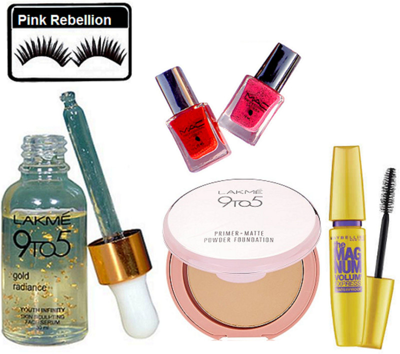 pink rebellion Eyelashes & Lakme. 9 to 5 Gold Radiance Face Serum & Primer Matte Compact & Mac Nail Paint (Pack Of 2) & Maybelline The Magnum Mascara(6 Items in the set)
