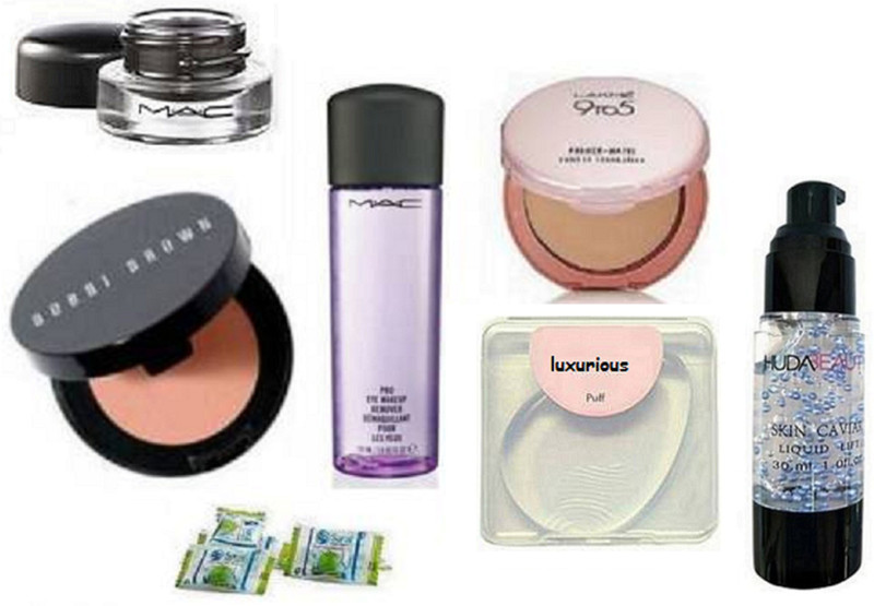 luxurious silicon puff & mac pro eye makeup remover,bobbi brown concealer,9 to 5 prim concealer+ matte compact,magic napkin,Flucidline Eye Liner Gel liner,huda beauty primer(9 Items in the set)