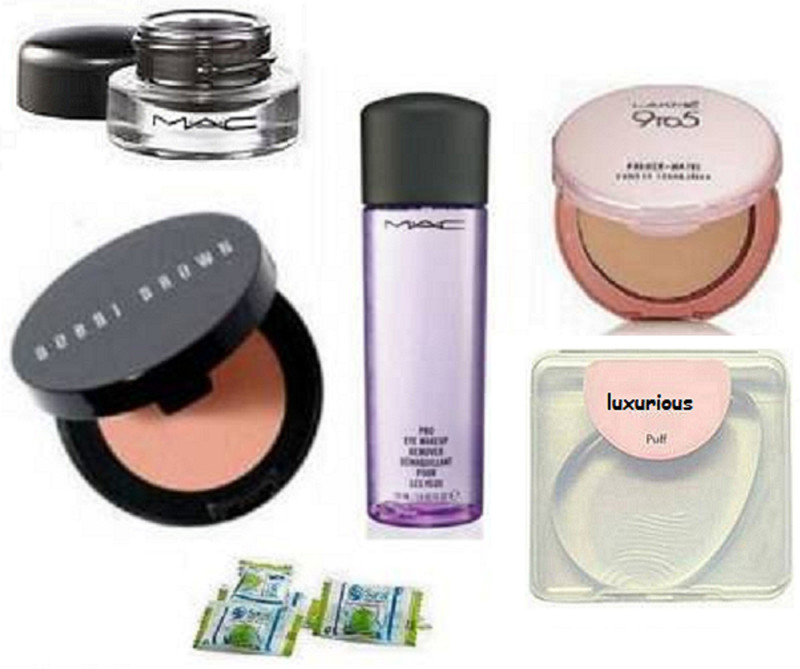 luxurious silicon puff & mac pro eye makeup remover,bobbi brown concealer,9 to 5 prime+ matte compact,magic napkin,Fluidline Eye Liner Gel liner(8 Items in the set)