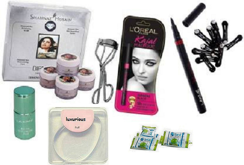 luxurious silicon puff & l'oreal kajal,eyeliner,eyelashes curler,dimond(10 Items in the set)