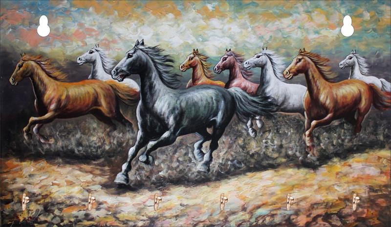 somyacreations Horses Running Painting Key Holder Wood Key Holder(6 Hooks)