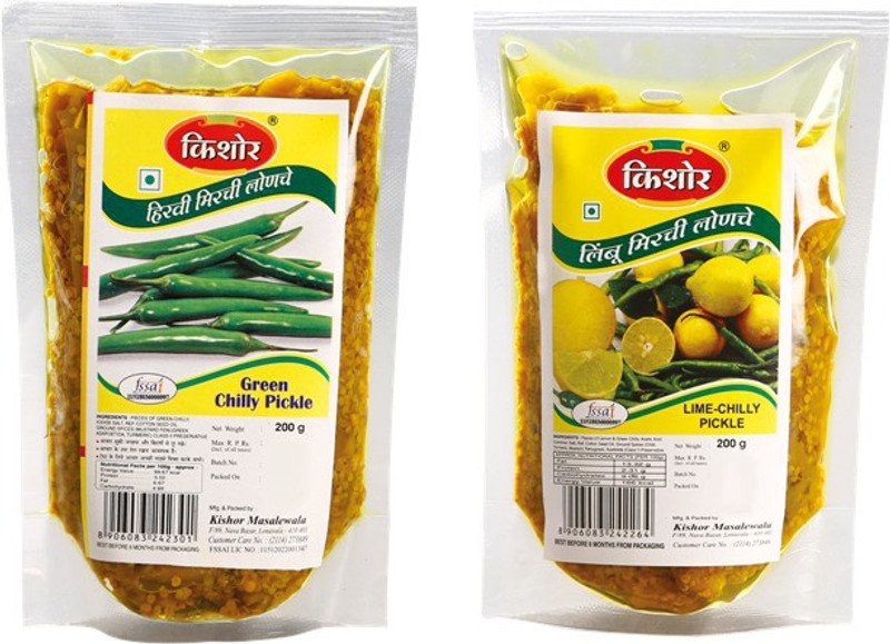 kishor masalewale Combo pack of Lime Chilly and Green Chilly Pickle Lime, Green Chilli Pickle(400 g, Pack of2)