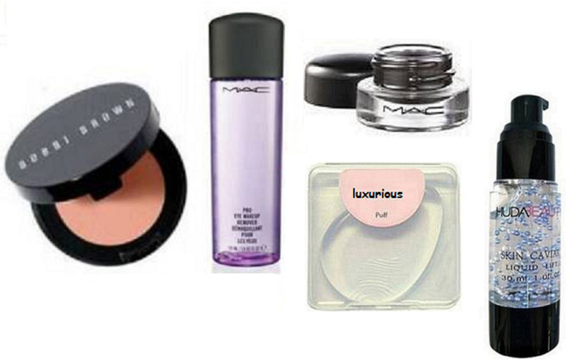 luxurious silicon puff & mac pro eye makeup remover,concealer,Fluidline Eye Liner Gel liner,huda beauty primer(5 Items in the set)