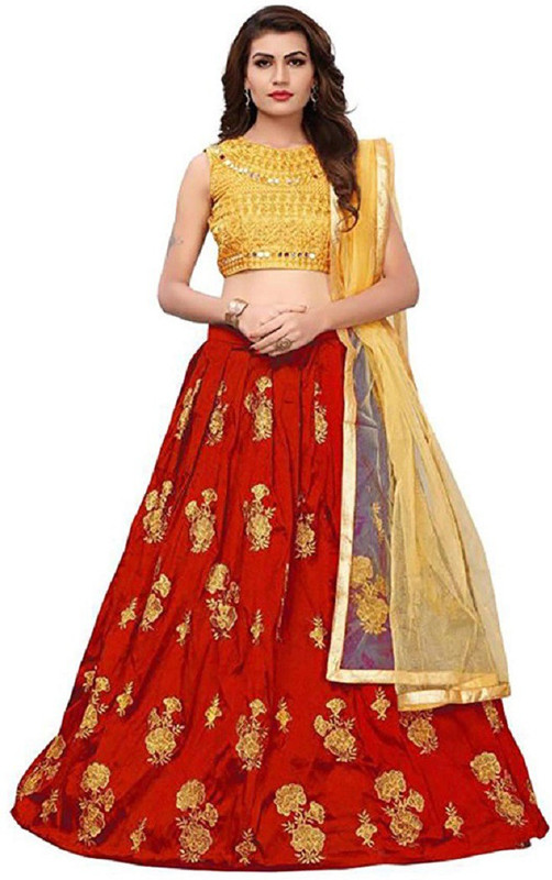 pragati creation Solid Semi Stitched Ghagra, Choli, Dupatta Set(Red)