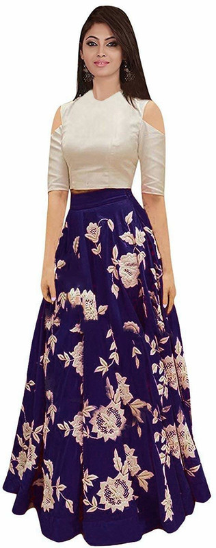 jinnar Applique Semi Stitched Lehenga & Crop Top(White, Blue)