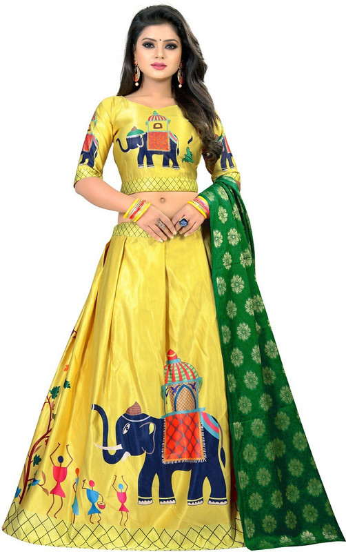 neer fashion Printed Stitched Ghagra Choli(Green, Yellow)