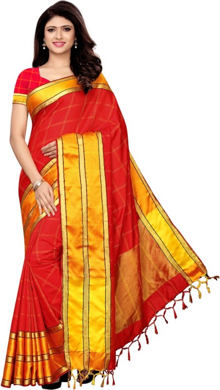 Swaron Woven Kanjivaram Cotton Blend, Polycotton, Art Silk, Poly Silk Saree(Red, Gold,...