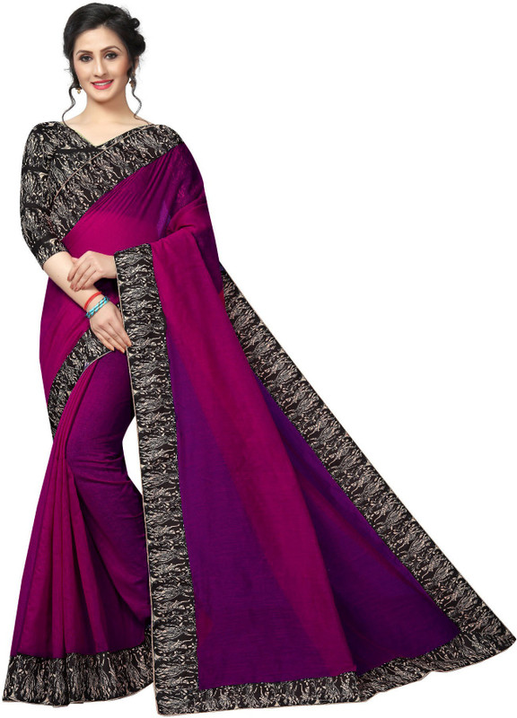 narideal Plain Chanderi Cotton Blend Saree(Purple)