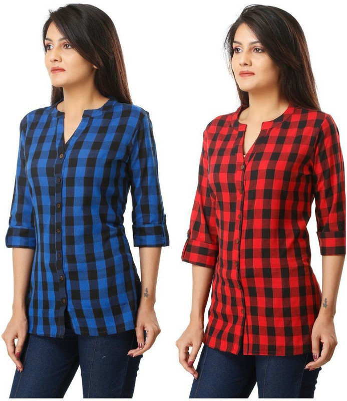 the woxnox Women Checkered Casual Dark Blue, Red Shirt(Pack of 2)