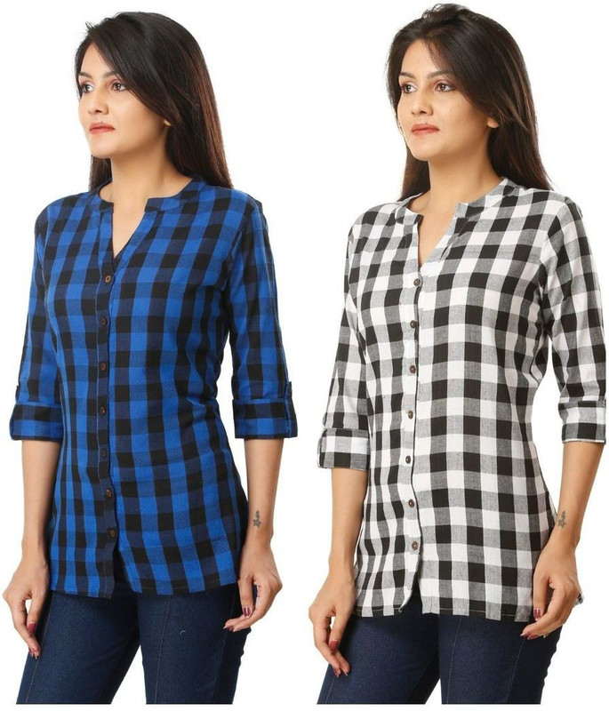 the woxnox Women Checkered Casual Dark Blue, White Shirt(Pack of 2)