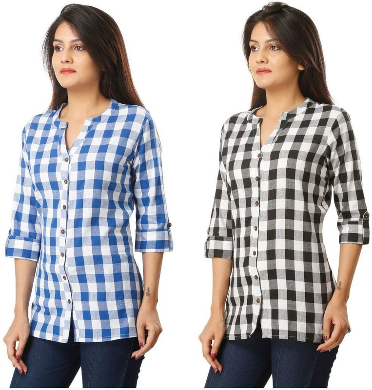 the woxnox Women Checkered Casual Black, Blue Shirt(Pack of 2)