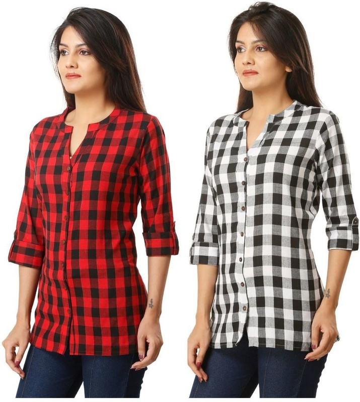 the woxnox Women Checkered Party White, Red Shirt(Pack of 2)