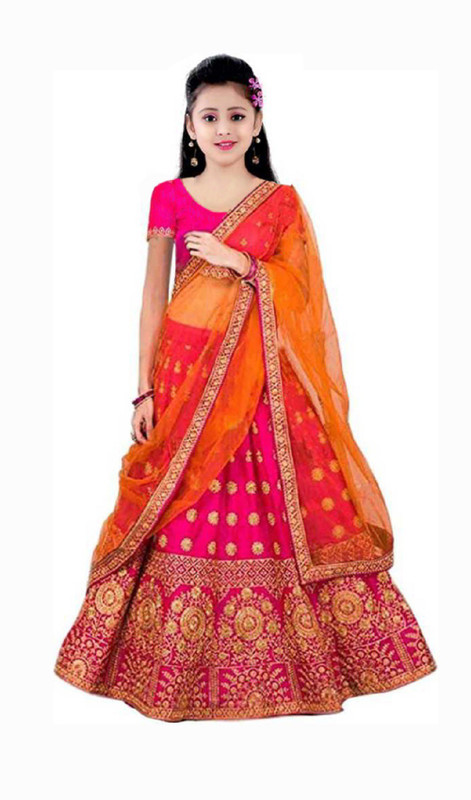 piludi Girls Lehenga Choli Ethnic Wear Embroidered, Self Design Lehenga, Choli and Dupatta Set(Pink, Pack of 1)