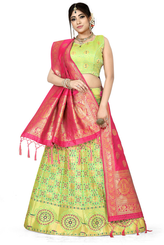 om sai art Bandhani Semi Stitched Lehenga, Choli and Dupatta Set(Light Green)